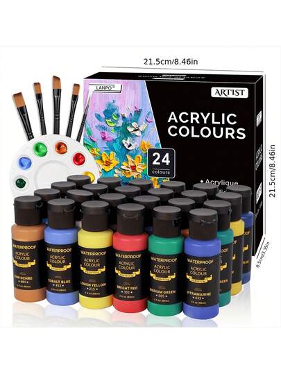 24 Colors Acrylic Painting Set, Acrylic Colors Paints, 2oz/60ml Bottles, With 5 Paint Brushes,1 Sponge And 1 Palette, No Fading, Rich Pigment, For Artists & Adults, Paints On Rocks, Crafts Canvas, Wood, Fabric, Ceramic & Stone
