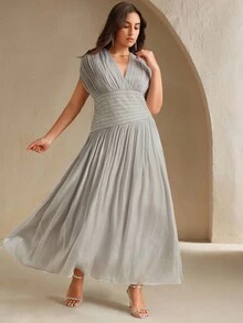 Anewsta 大码女式 V 领短袖串珠链褶腰露背系带长裙，优雅精致，夏季 - 灰色 - 查看 3