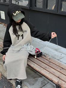 Dazy Kids 少女针织抓绒连帽印花连衣裙，秋冬季 - 灰色 - 查看 2