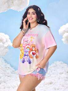 SHEIN X Care Bears Plusstorlek Dam Casual Söt T-shirt med Batikmönster, Söt och Nedsänkt Axel, Sommar, Plusstorlek - Multifärgad - Visa 4