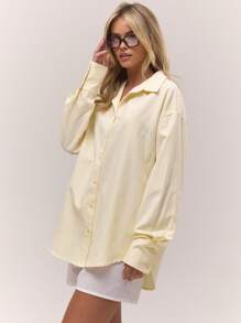 MUSERA 超大款细条纹长款奶油黄衬衫，复古乡村风，清新可爱，适合清新女孩夜晚穿着。奶油黄休闲上衣，优雅迷人，适合春夏度假。 - 黃色 - 查看 2