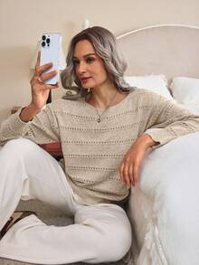 EMERY ROSE Boat Neck Pointelle Knit Drop Shoulder Sweater - Apricot - View 1