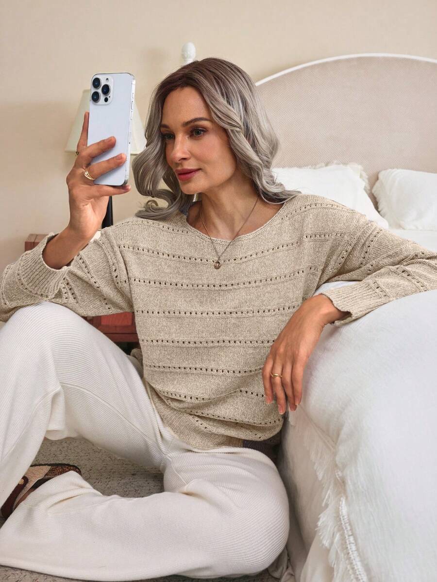 EMERY ROSE Boat Neck Pointelle Knit Drop Shoulder Sweater - Apricot - View 1