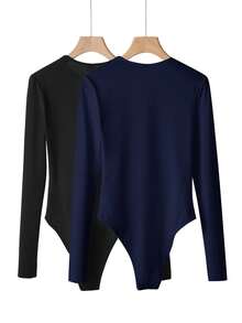 SHEIN BASICS 2件組女款休閒基礎純色針織連身衣/春夏女裝日常日穿晚穿黑色海軍藍 - 藏蓝色 - 查看 4