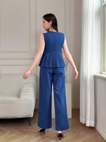 2pcs Tween Girls' Summer Casual Vest And Trousers Set - Blue - View 2