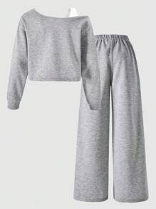 SHEIN Streecool Kids 2pcs Tween Girls ME Loose Design Oblique Shoulder Contrast Color Print Long Sleeve Top And Wide Leg Pants Set, Suitable For Daily, Commute, Casual, Vacation, Gathering, Street Style, Autumn/Winter Fall - Grey - View 2