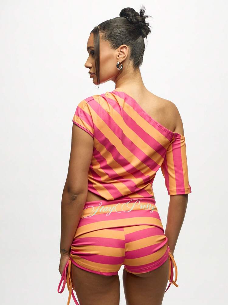 SUMWON WOMEN Asymmetrisches, gerüschtes One-Shoulder-Top mit diagonalen Streifen