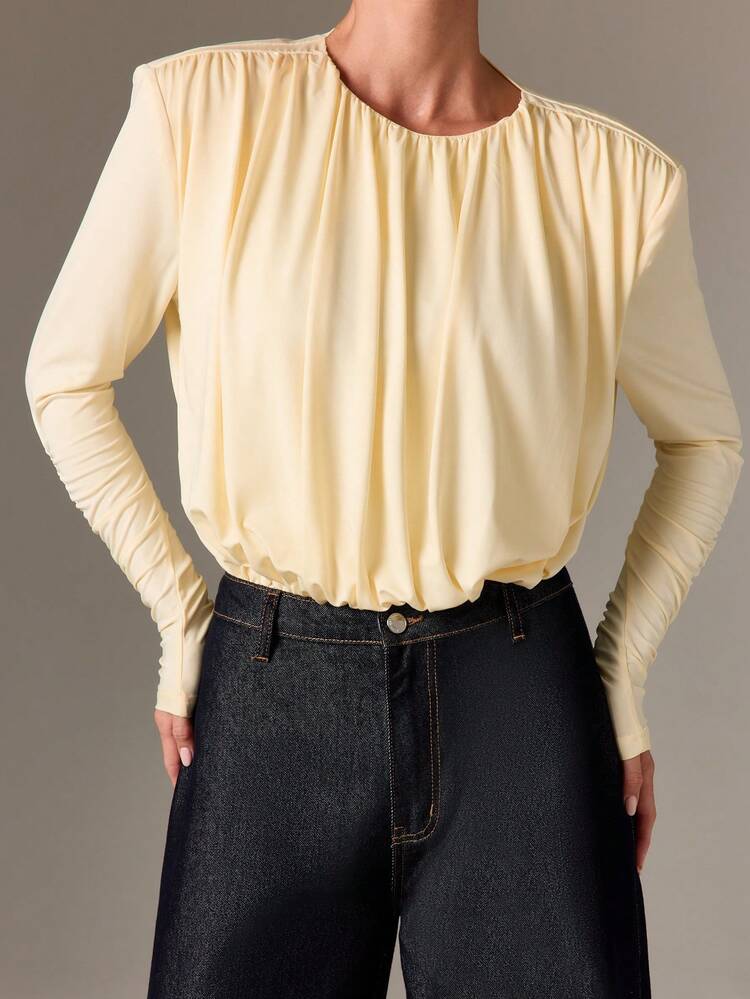 Backless Bodysuit With Draped Design And Ruched Sleeves