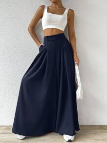 SHEIN EZwear Quần ống rộng xếp ly thường ngày cỡ lớn, Xuân/Hè - Màu xanh hải quân - Xem 4