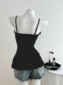 Elamini 女士休闲吊带背心，饰有荷叶边和前褶 - 黑色 - 查看 2