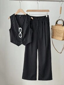 Elamini 女士職場利器——直條紋西裝馬甲和裤子套裝 - 黑色 - 查看 1