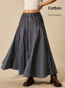 Easelle Falda larga a cuadros de otoño temprano 2025 para mujer, de múltiples capas, todo a juego, casual, retro, acampanada, patchwork, a rayas, retro, a cuadros, bohemia, occidental - Azul Marino - Ver 8