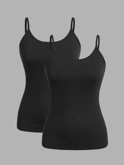 SHEIN EZwear 2pcs Women's Black Tight Fit Casual Camisole Tops, Suitable For Summer