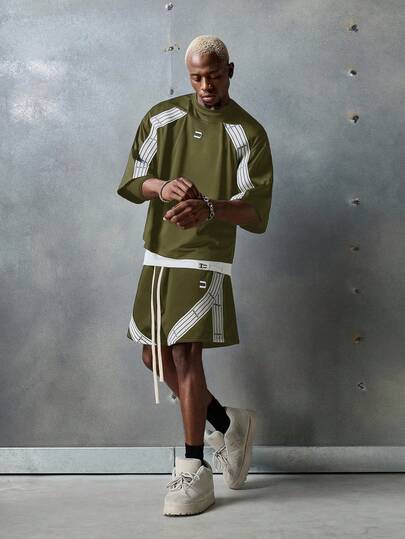 NEON BLANC Shorts de punto con cinta bordada con letras, moda callejera para hombres