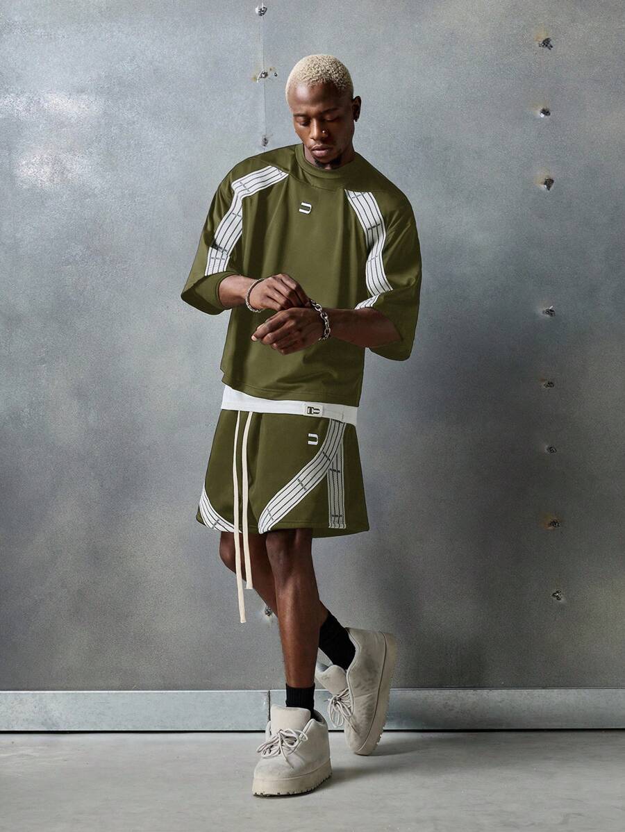 NEON BLANC Shorts de punto con cinta bordada con letras, moda callejera para hombres - Verde militar - Ver 1