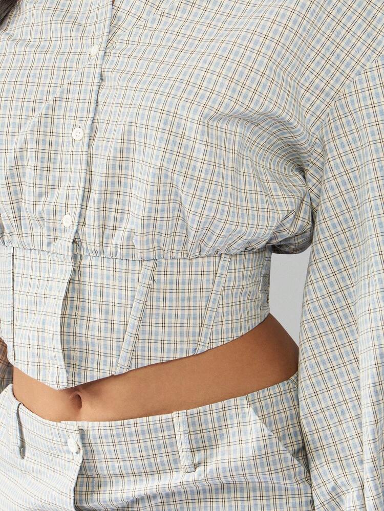 MISSGUIDED Button Front Checked Pattern Crop Blouse Puff Sleeve Corset Style Top School Girl Preppy Fashion Autumn Spring Collection Elegant Design Modern Classic
