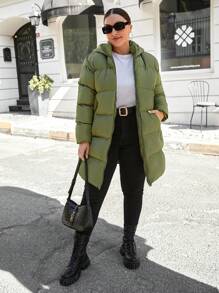 EURMUSE Plus Zip Up Hooded Puffer Coat, Winter - Army Green - View 3