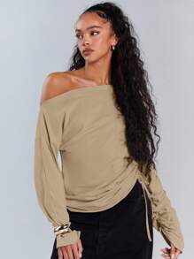 Athîral 女士休闲纯色不对称领抽绳上衣，秋季