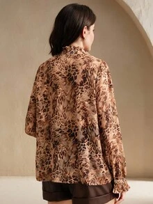 Anewsta 女式豹纹优雅花卉拼布圆领衬衫，春夏 - 棕色 - 查看 2