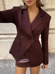Aloruh 秋季女士优雅商务通勤酒红色西装外套，复古富贵风格纯色简约基础款办公室安科拉红西装外套，教师款纯色时尚翻领长袖商务薄款西装外套 - 酒紅色 - 查看 6