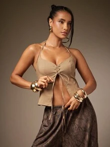 Hauture Women's Sexy Casual Solid Color Front Lace-Up Front Tie Camisole Top For Summer - Khaki - View 1