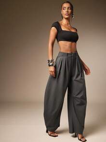 Hauture Basic Summer Casual Solid Charcoal Pleated Oversized Barrel Pants - Grey - View 1