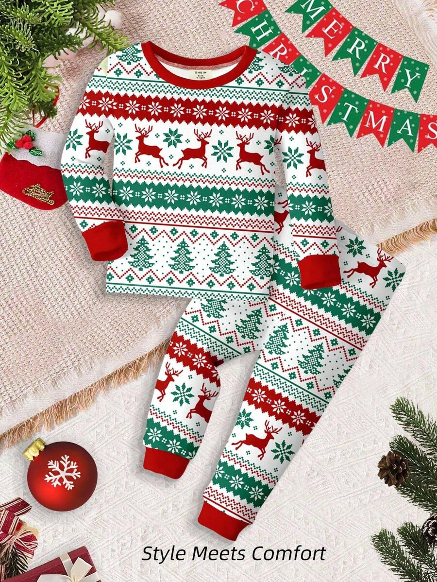 SHEIN Baby Boy Christmas Themed Casual Slim Fit Round Neck Comfortable Long Sleeve & Long Pants Pajama Set, Suitable For Autumn/Winter - Multicolor - View 1