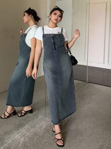 Dazy Plus 水洗浅蓝色宽松牛仔背带裙，四季百搭
