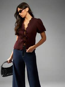 MISSGUIDED Blusa con borde festoneado y nudo delantero, manga corta abullonada, estilo victoriano, cuello cuadrado, uso casual o de noche, estilo bohemio para otoño e invierno - Café integral - Ver 5
