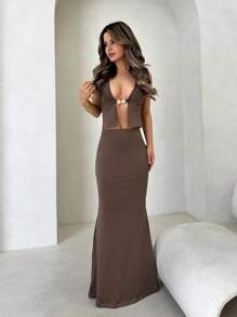 Jemour 2 件套女士纯色高开叉下摆露背短款上衣和超长裙性感套装 - 摩卡棕 - 查看 1