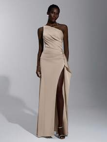 SHEIN Belle 优雅、浪漫、性感、简约、浅黄色、缎面、有弹性、露背、荷叶边、紧身、高开衩、时尚、网红风格、适合节日、度假、生日派对、婚礼、伴娘礼服 - 卡其色 - 查看 5