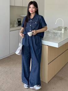 Dazy Plus 2 件大码女式牛仔套装 - 宽松翻领牛仔上衣和松紧腰宽松牛仔裤，深色水洗秋冬