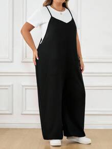 SHEIN CURVE+ Plus Size Women's Solid Color Pocket Design Wide Leg Loose Casual Jumpsuitfall Clothes For Women,Winter,CURVE PLUS/Autumn /Winter