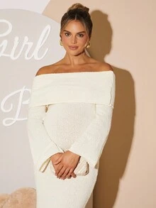 Loomaby Elegant Solid Color Off Shoulder Fitted Maternity Knit Dress,Gender Reveal Dress,Maternity Dress, Baby Shower Dress - Apricot - View 7