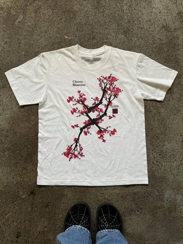 Noixe Women's Round Neck Cherry Tree Print Short Sleeve Casual Versatile T-Shirt