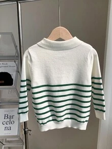 SHEIN 1 Piece Young Boy Leisure College Comfortable Fashion Simple Practical All-Match With Half Door Lapel Stripe Soft Comfortable Thick Warm Sweater Suitable For Outdoor Play Suitable For School Back To School Daily Suitable For School Suitable For Travel Suitable For Sports Suitable For Spring Autumn And Winter Fall