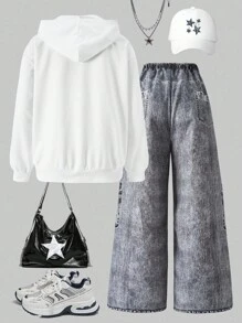 Set de 2 piezas para adolescentes: sudadera con capucha de manga larga y estampado de estrellas oversize, y pantalones anchos de cintura elástica cómodos, adecuado para uso casual