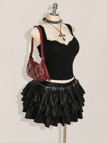 SHEIN ICON ICON 大码纯色女士休闲无袖上衣，适合夏季穿着，哥特风蕾丝边饰朋克风黑色上衣，锐舞风上衣 - 黑色 - 查看 6