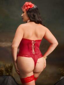 Plus Size Ruffled, Hollow-Out Floral Lace Bodystocking + Thigh High Socks, Sexy Lingerie Set