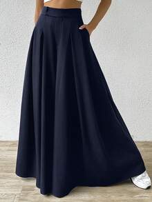 SHEIN EZwear Quần ống rộng xếp ly thường ngày cỡ lớn, Xuân/Hè - Màu xanh hải quân - Xem 5