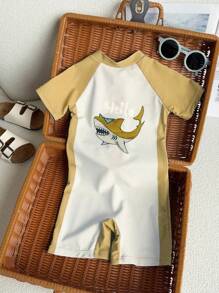 SHEIN 1 Piece Young Boys Casual Comfortable & Fashionable Practical Cute Soft Cartoon Whale Graphic One-Piece Swimsuit, Suitable For Vacation Spring/Summer