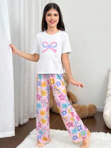 SHEIN 青少年女孩宽松休闲舒适圆领套头 T 恤和裤子家居服套装 - 粉色 - 查看 4