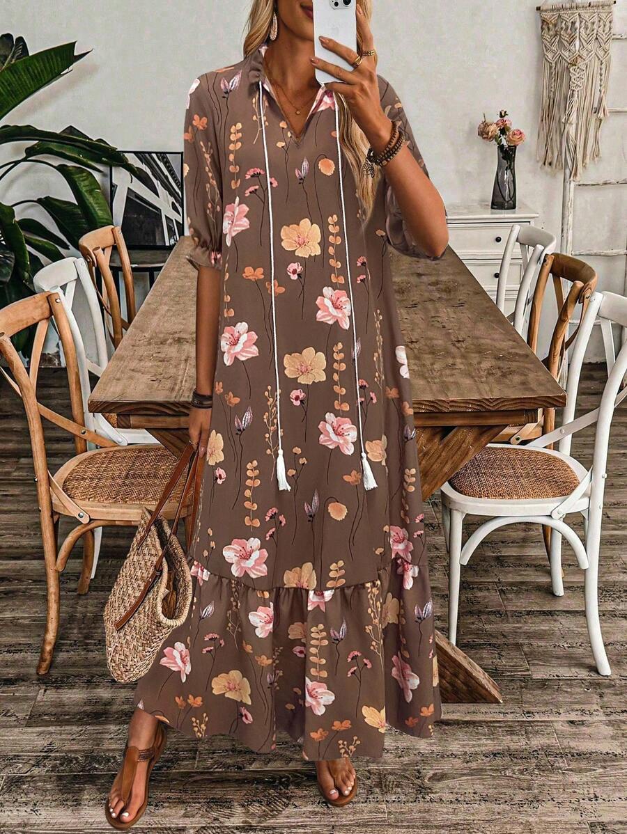 V-Neck Printed Ruffle Hem Casual Vacation Dress With Drawstring - Multicolor - View 1