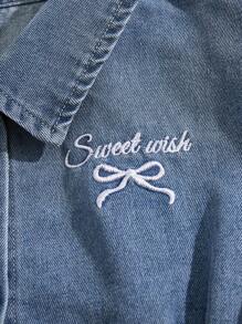 SHEIN 青少年女孩牛仔连衣裙，休闲舒适的纽扣式牛仔连衣裙，带刺绣图案，时尚街头风格，百搭面料，新品上市