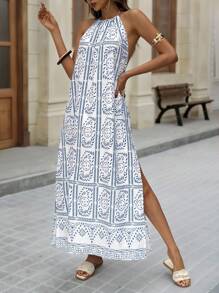 Brillora 女士露背流苏系带高开叉休闲连衣裙，适合度假 - 彩色 - 查看 3