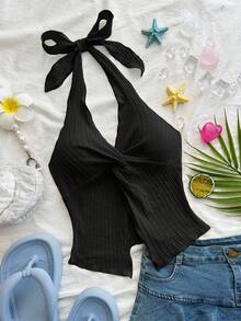 青少年女孩休闲度假纹理针织浅黄色蝴蝶结装饰挂脖吊带背心 - 黑色 - 查看 5