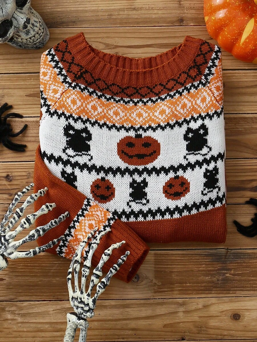 Elamini Women's Halloween Pumpkin & Cat Graphic Crew Neck Long Sleeve Knit Sweater Pumpkin Sweater Halloween Clothes Fall Winter Cloth For Women - Multicolor - View 1