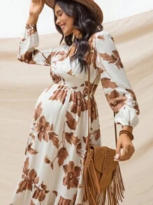 Boho Mama 孕妇褶皱灯笼袖收腰连衣裙 - 卡其色 - 查看 4