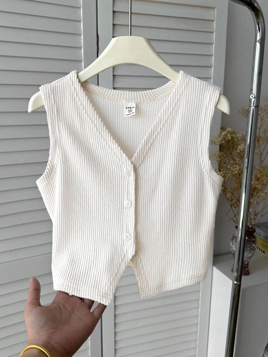 SHEIN Tween Girl Casual Solid Color Ribbed Knit Top White Top For Girls Ribbed Top Girls Ribbed Cardigan White Ribbed Top White Ribbed Tank Top Tween Top Ribbed Tween Summer Tops Girls White Ribbed Top - Beige - View 1