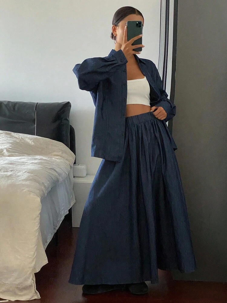 Women's Denim Shirt With Turndown Collar, Long Sleeve, Loose Fit, Back Tie Waist Design, And Loose Fit Long Denim Skirt, Casual Denim Set